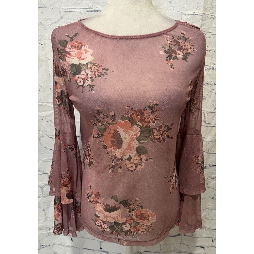 Red Hope Floral Ruffle Sleeve Semi-Sheer Top in Mauve Size Medium